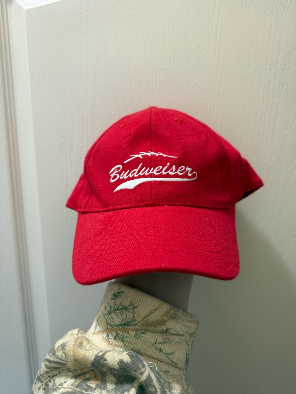 Vintage Budweiser Red Cap with White Script Logo